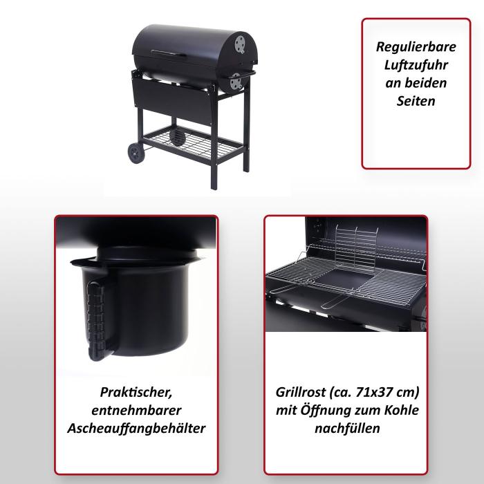 Grillwagen HWC-F70, Holzkohlegrill Standgrill Gartengrill mit Deckel Ablage, Stahl 103x93x70cm schwarz