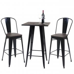 Set Stehtisch + 2x Barhocker HWC-A73 inkl. Holz-Tischplatte, Barstuhl Bartisch, Metall Industriedesign, FSC ~ schwarz
