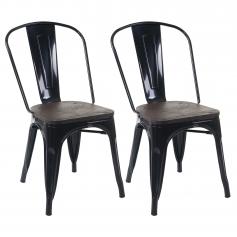 2er-Set Stuhl HWC-A73 inkl. Holz-Sitzfläche, Bistrostuhl Stapelstuhl, Metall Industriedesign stapelbar ~ schwarz