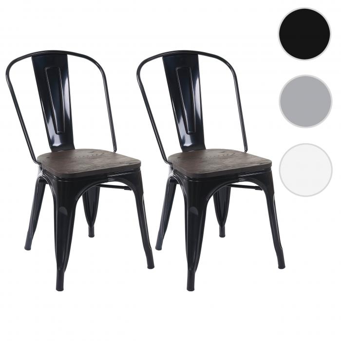 2er-Set Stuhl HWC-A73 inkl. Holz-Sitzflche, Bistrostuhl Stapelstuhl, Metall Industriedesign stapelbar ~ schwarz