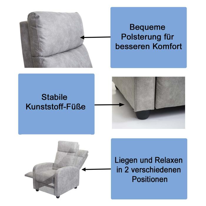 Fernsehsessel HWC-F76, Relaxsessel Sessel Liegesessel, Liegefunktion verstellbar Stoff/Textil ~ hellgrau