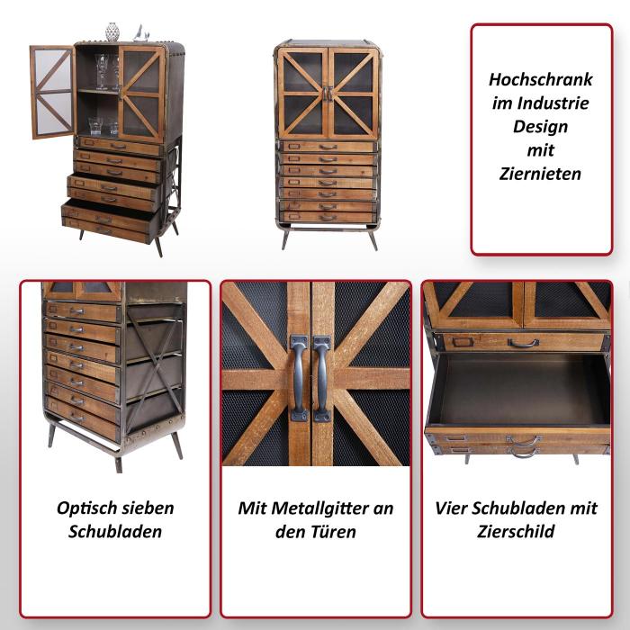 Hochschrank HWC-F91, Apothekerschrank Wohnzimmerschrank, Industrial Tanne Holz Metall 128x60x33cm, braun-schwarz