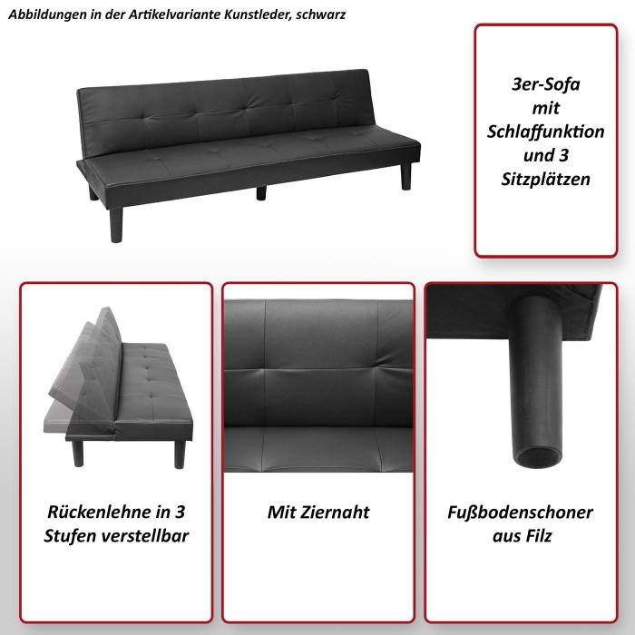 3er-Sofa HWC-G11, Couch Schlafsofa Gstebett Bettsofa Klappsofa, Schlaffunktion 195cm ~ Kunstleder, schwarz