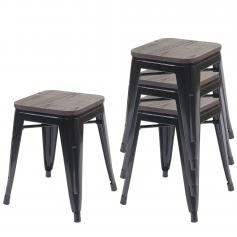 4x Hocker HWC-A73 inkl. Holz-Sitzfläche, Metallhocker Sitzhocker, Metall Industriedesign stapelbar ~ schwarz