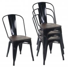 4x Stuhl HWC-A73 inkl. Holz-Sitzfläche, Bistrostuhl Stapelstuhl, Metall Industriedesign stapelbar ~ schwarz