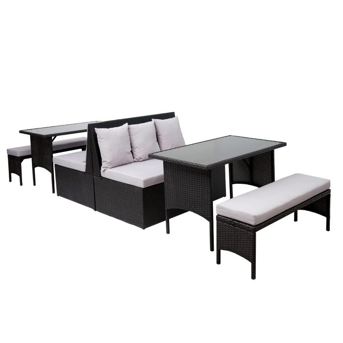 Poly-Rattan Garnitur HWC-G16, Garten-/Lounge-Set Sitzgruppe, Gastronomie 2er Sofa Tisch Bank ~ schwarz, Kissen hellgrau