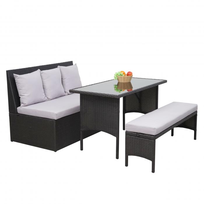 Poly-Rattan Garnitur HWC-G16, Garten-/Lounge-Set Sitzgruppe, Gastronomie 2er Sofa Tisch Bank ~ schwarz, Kissen hellgrau