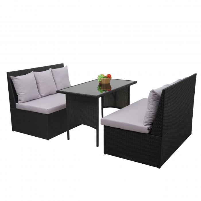 Poly-Rattan Garnitur HWC-G16, Garten-/Lounge-Set Sitzgruppe, Gastronomie 2x2er Sofa Tisch ~ schwarz, Kissen hellgrau