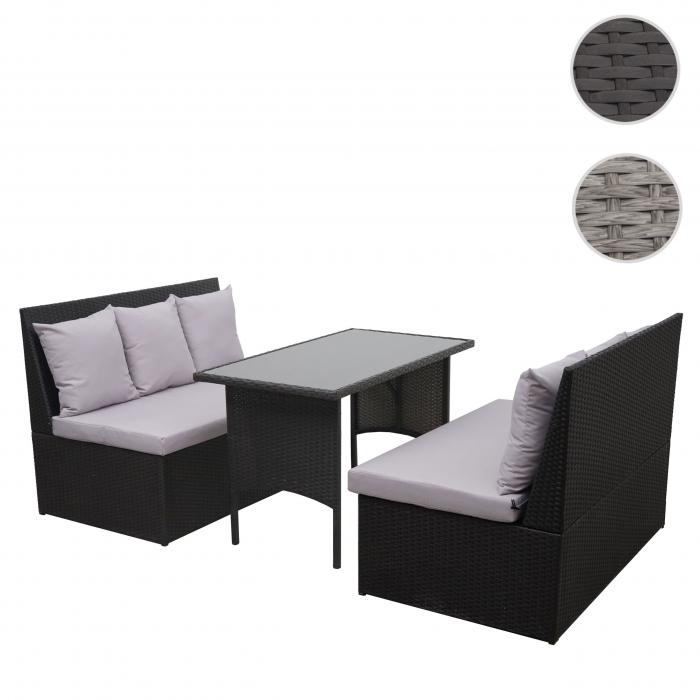 Poly-Rattan Garnitur HWC-G16, Garten-/Lounge-Set Sitzgruppe, Gastronomie 2x2er Sofa Tisch ~ schwarz, Kissen hellgrau