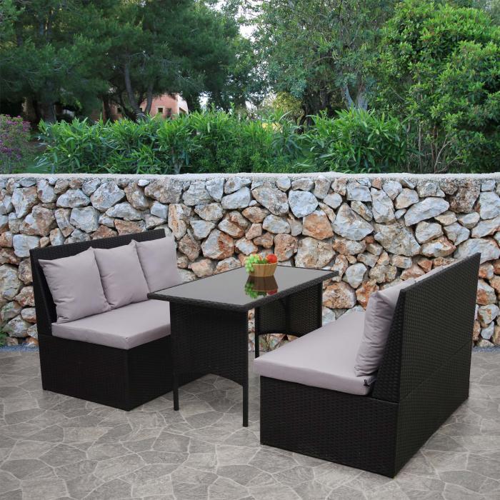 Poly-Rattan Garnitur HWC-G16, Garten-/Lounge-Set Sitzgruppe, Gastronomie 2x2er Sofa Tisch ~ schwarz, Kissen hellgrau