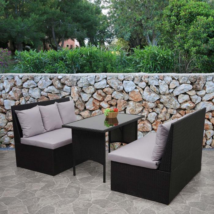 Poly-Rattan Garnitur HWC-G16, Garten-/Lounge-Set Sitzgruppe, Gastronomie 2x2er Sofa Tisch ~ schwarz, Kissen hellgrau