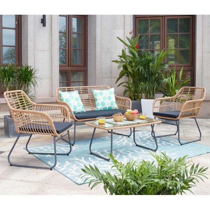 Polyrattan Garnitur HWC-G17a, Garten Sofa Set Sitzgruppe Stuhl, Seil ~ naturfarben, Polster anthrazit ohne Dekokissen