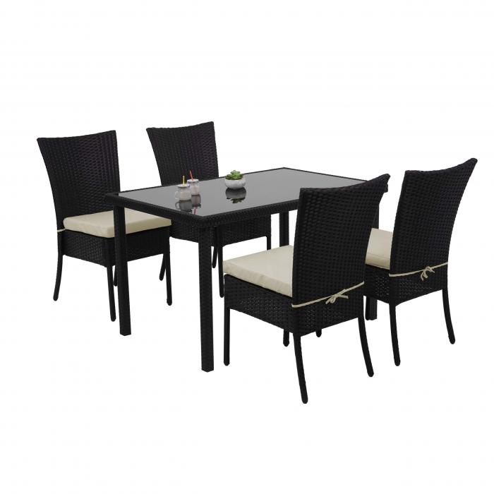 Poly-Rattan Garnitur HWC-G19, Sitzgruppe Balkon-/Lounge-Set, 4xStuhl+Tisch 120x75cm ~ schwarz, Kissen creme