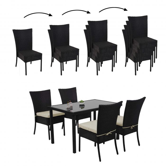 Poly-Rattan Garnitur HWC-G19, Sitzgruppe Balkon-/Lounge-Set, 4xStuhl+Tisch 120x75cm ~ schwarz, Kissen creme