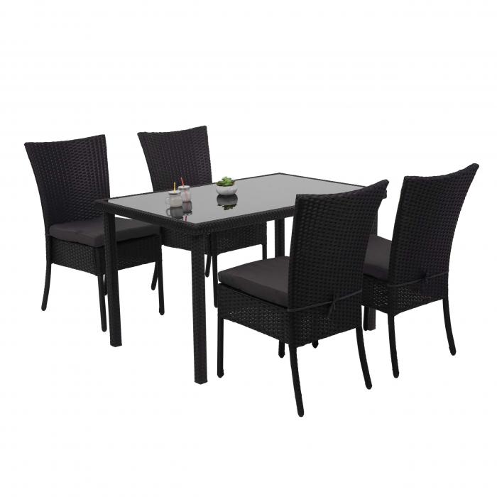 Poly-Rattan Garnitur HWC-G19, Sitzgruppe Balkon-/Lounge-Set, 4xStuhl+Tisch, 120x75cm ~ schwarz, Kissen dunkelgrau