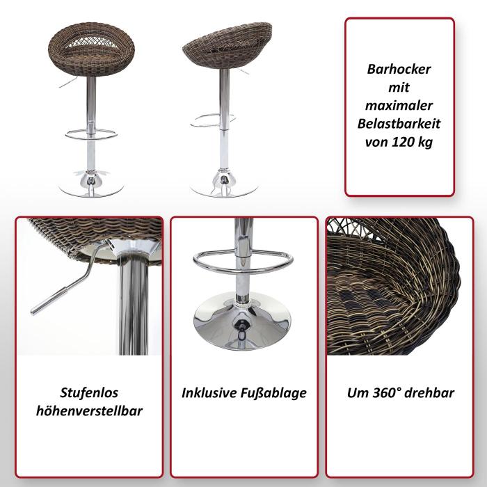 2er-Set Barhocker HWC-G26, Tresenhocker Barstuhl Drehhocker, In-/Outdoor Poly-Rattan chrom