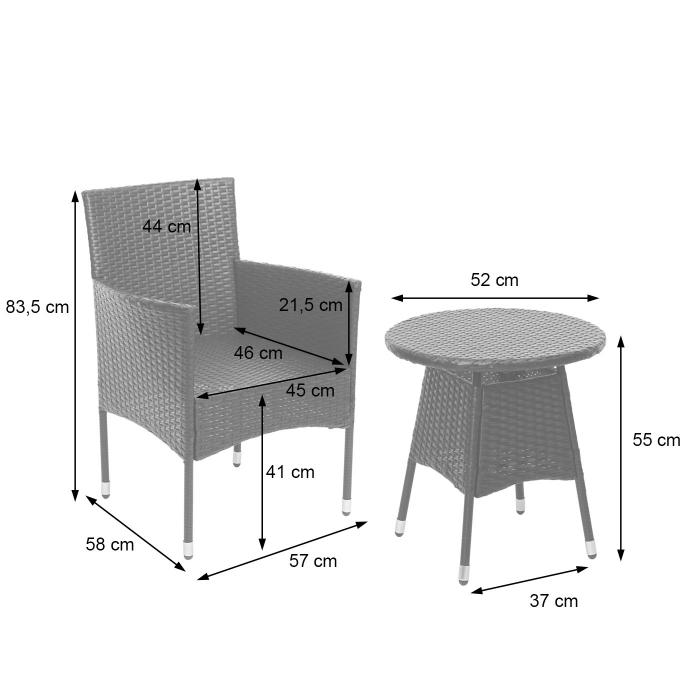 Poly-Rattan Balkonset HWC-G27, Sitzgarnitur Gartengarnitur, 2xSessel+Tisch ~ grau, Kissen grau