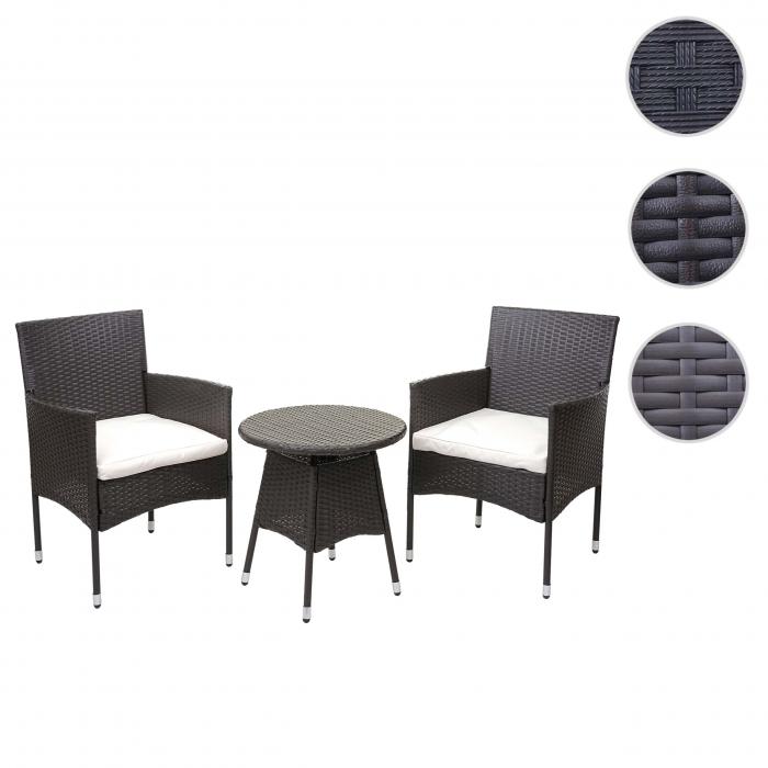 Poly-Rattan Balkonset HWC-G27, Sitzgarnitur Gartengarnitur, 2xSessel+Tisch ~ grau, Kissen creme