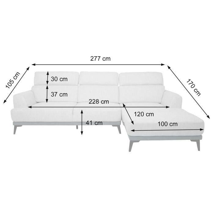 Sofa HWC-G44, Couch Ecksofa L-Form 3-Sitzer, Liegefläche Nosagfederung Taschenfederkern verstellbar ~ rechts, hellgrau