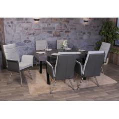 6er-Set Esszimmerstuhl HWC-G54, Küchenstuhl Stuhl mit Armlehne, Textil/Kunstleder Edelstahl gebürstet ~ grau