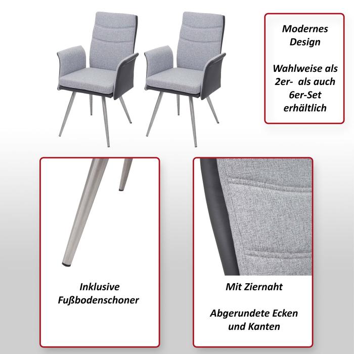 2er-Set Esszimmerstuhl HWC-G54, Kchenstuhl Stuhl mit Armlehne, Textil/Kunstleder Edelstahl gebrstet ~ grau