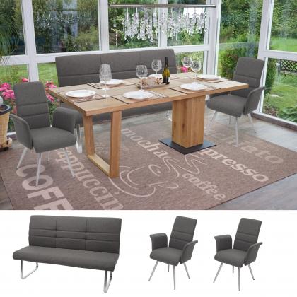 Set 2x Esszimmerstuhl+Sitzbank HWC-G55, Bank Küchenstuhl Stuhl+Armlehne, Stoff/Textil Edelstahl ~ grau-braun Bank 160cm