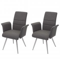 2x Esszimmerstuhl HWC-G55, Küchenstuhl Stuhl mit Armlehne, Stoff/Textil Edelstahl gebürstet ~ grau-braun