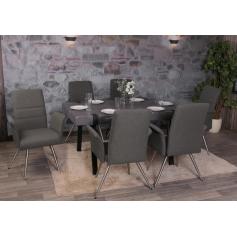 6er-Set Esszimmerstuhl HWC-G55, Küchenstuhl Stuhl mit Armlehne, Stoff/Textil Edelstahl gebürstet ~ grau-braun
