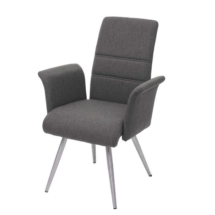 2er-Set Esszimmerstuhl HWC-G55, Kchenstuhl Stuhl mit Armlehne, Stoff/Textil Edelstahl gebrstet ~ grau-braun