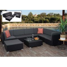 Poly-Rattan Garnitur HWC-G79, Balkon-/Garten-/Lounge-Set Gartenmöbelset Sitzgarnitur Sofa ~ schwarz, Kissen dunkelgrau