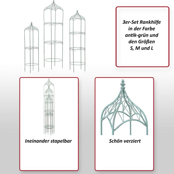 3er Set Rankhilfe HWC-H90, Rankgitter Rosensule Staudensttze, Metall Hhe 162/140/114cm rund antik-grn