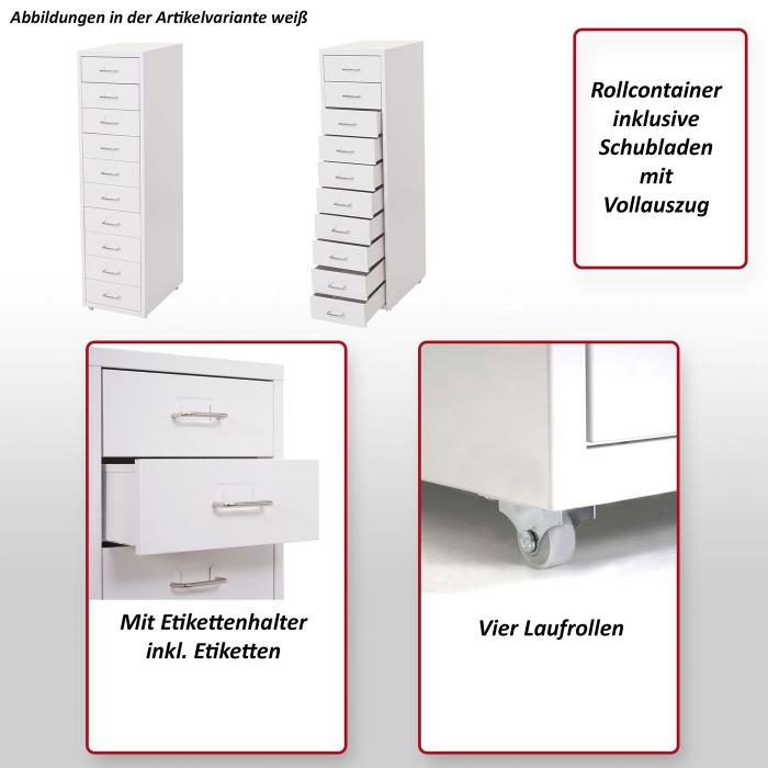 Rollcontainer Boston T851, Schubladenschrank Stahlschrank, 110x28x41cm 10 Schubladen ~ wei