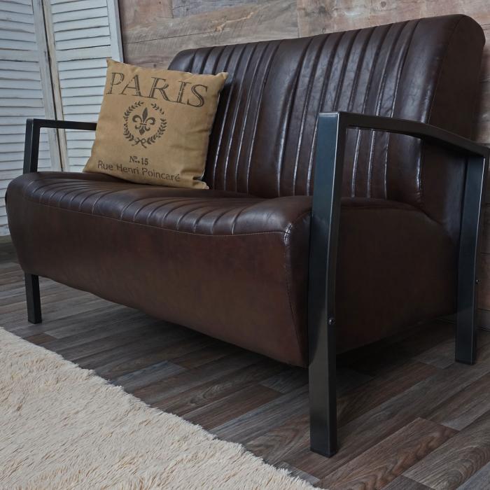 2er Sofa HWC-H10, Couch Zweisitzer, Metall Kunstleder Industrie-Design ~ vintage braun