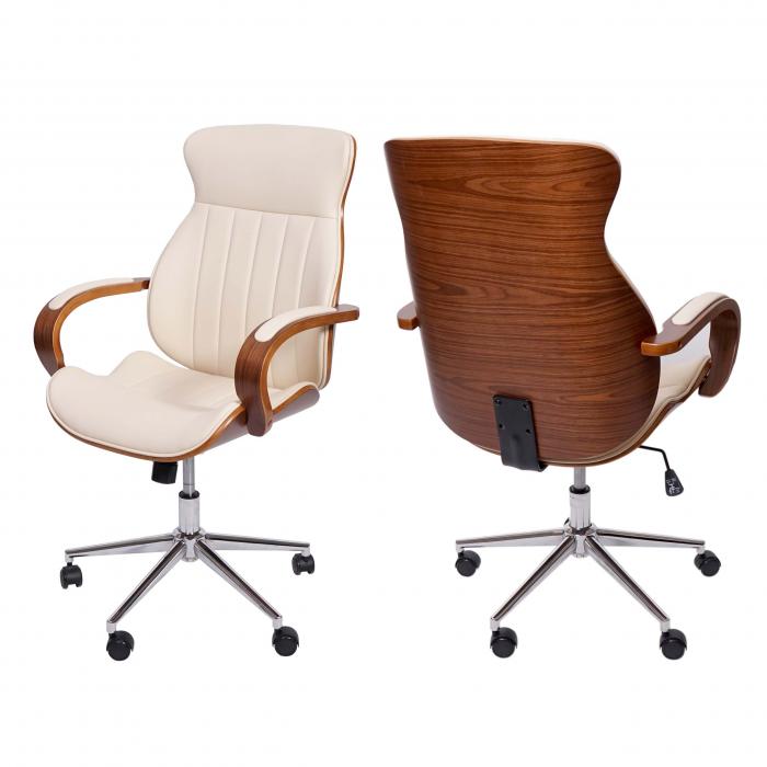 Brostuhl HWC-H39, Schreibtischstuhl Drehstuhl Chefsessel, Bugholz Walnuss-Optik Kunstleder FSC-zertifiziert ~ creme