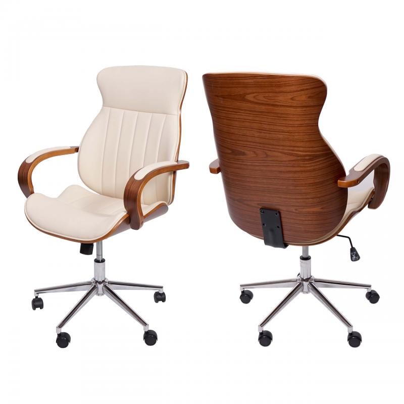 Brostuhl HWC-H39, Schreibtischstuhl Drehstuhl Chefsessel, Bugholz Walnuss-Optik Kunstleder FSC-zertifiziert ~ creme