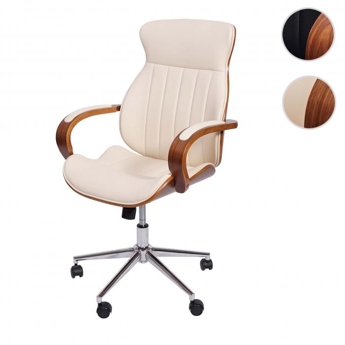 Brostuhl HWC-H39, Schreibtischstuhl Drehstuhl Chefsessel, Bugholz Walnuss-Optik Kunstleder FSC-zertifiziert ~ creme