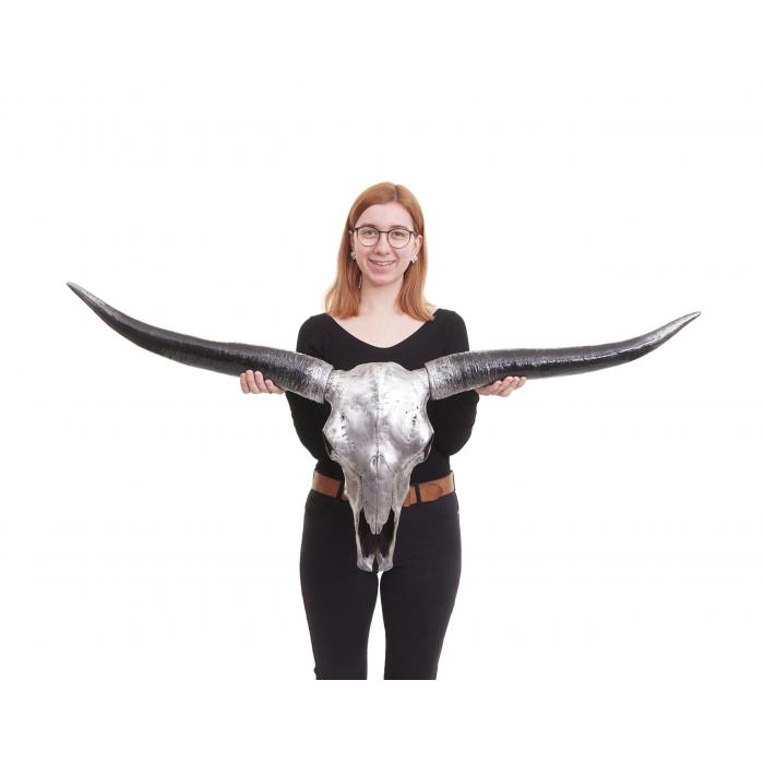 Deko Schdel 132cm HWC-A14, Polyresin Stier Bulle Longhorn Kopf Trophe, In-/Outdoor ~ silberfarben