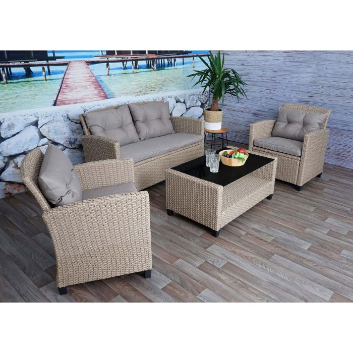 XXL Poly-Rattan Garnitur HWC-F10, Balkon-/Garten-/Lounge-Set Sitzgruppe, Sofa Sessel mit Kissen Spun Poly ~ grau-braun