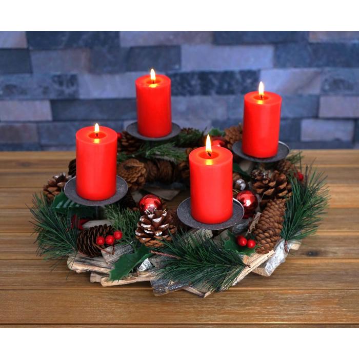 Adventskranz HWC-H49, Weihnachtsdeko Adventsgesteck Weihnachtsgesteck, Holz rund  33cm ~ inkl. 4x Kerzen rot