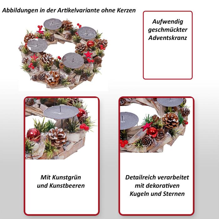 Adventskranz HWC-H50, Weihnachtsdeko Adventsgesteck Weihnachtsgesteck, Holz rund  33cm ~ ohne Kerzen