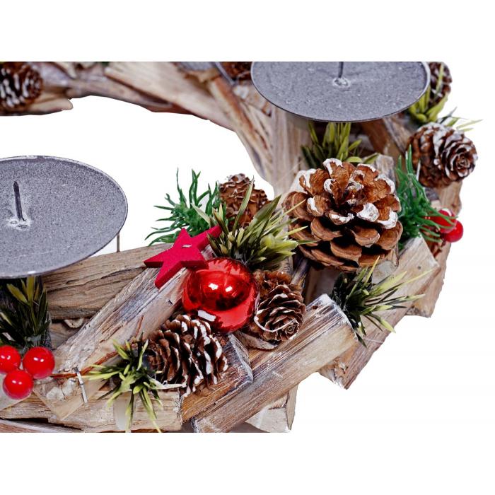 Adventskranz HWC-H50, Weihnachtsdeko Adventsgesteck Weihnachtsgesteck, Holz rund  33cm ~ ohne Kerzen