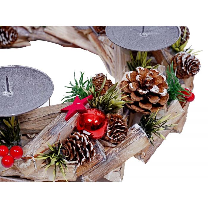 Adventskranz HWC-H50, Weihnachtsdeko Adventsgesteck Weihnachtsgesteck, Holz rund  33cm ~ inkl. 4x Kerzen rot