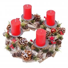 Adventskranz HWC-H50, Weihnachtsdeko Adventsgesteck Weihnachtsgesteck, Holz rund Ø 33cm ~ inkl. 4x Kerzen rot