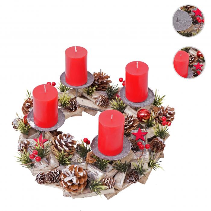 Adventskranz HWC-H50, Weihnachtsdeko Adventsgesteck Weihnachtsgesteck, Holz rund  33cm ~ inkl. 4x Kerzen rot