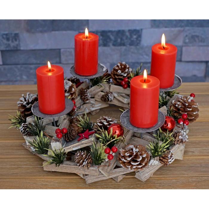 Adventskranz HWC-H50, Weihnachtsdeko Adventsgesteck Weihnachtsgesteck, Holz rund  33cm ~ inkl. 4x Kerzen rot