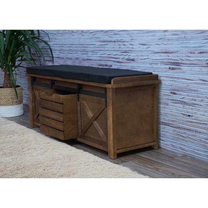 Sitzbank mit Staufchern HWC-H53, Polsterbank Sitz-Kommode, Shabby-Look Massiv-Holz Metall Stoff 43x102x33cm ~ braun