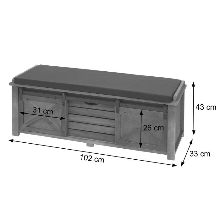 Sitzbank mit Staufchern HWC-H53, Polsterbank Sitz-Kommode, Shabby-Look Massiv-Holz Metall Stoff 43x102x33cm ~ braun