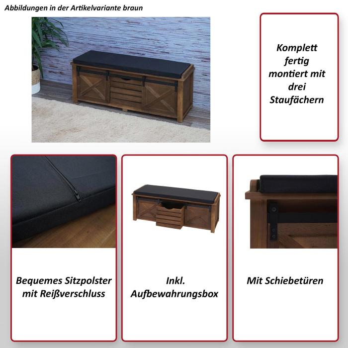 Sitzbank mit Staufchern HWC-H53, Polsterbank Sitz-Kommode, Shabby-Look Massiv-Holz Metall Stoff 43x102x33cm ~ braun