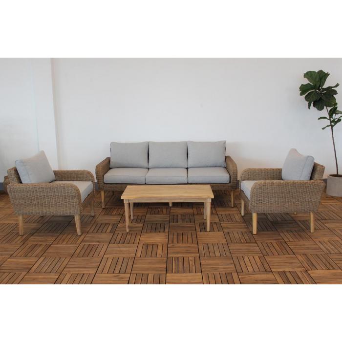 Garnitur HWC-H57, Garten-/Lounge-Set Sofa Sitzgruppe, rundes Poly-Rattan Alu + Akazie Spun Poly FSC ~ Kissen hellgrau