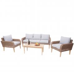 Garnitur HWC-H57, Garten-/Lounge-Set Sofa Sitzgruppe, rundes Poly-Rattan Alu + Akazie Spun Poly MVG ~ Kissen hellgrau